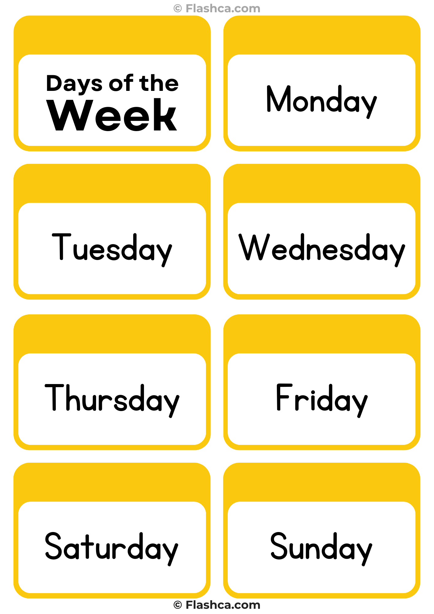 Days of the Week Flashcards - 7 Days cards