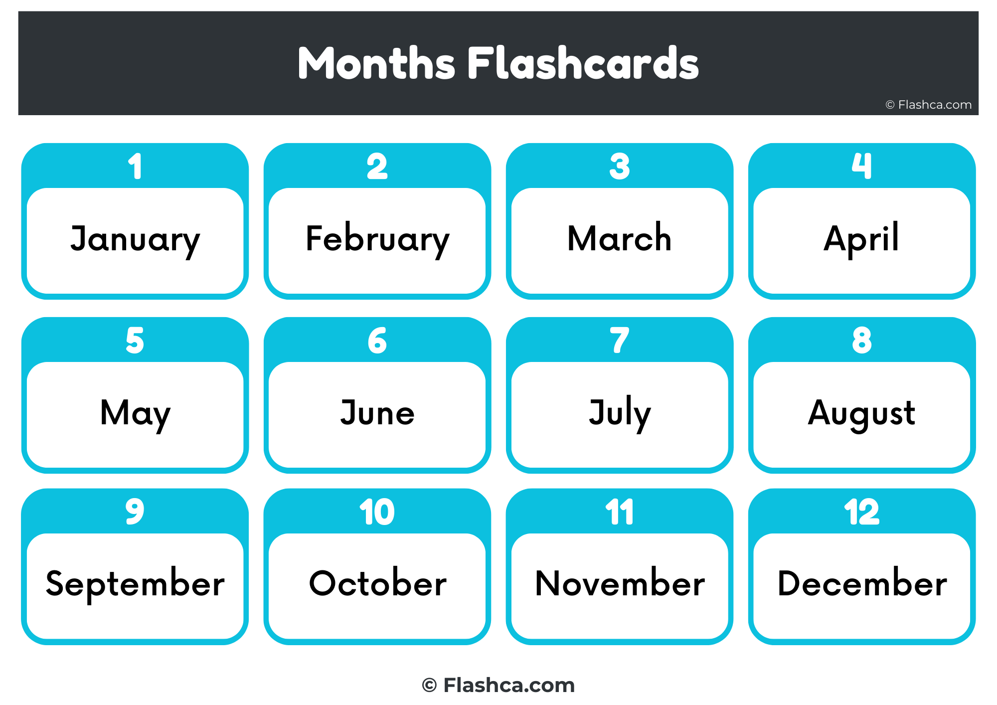 Months Flashcards 12 months on one page (A4 Landscape)